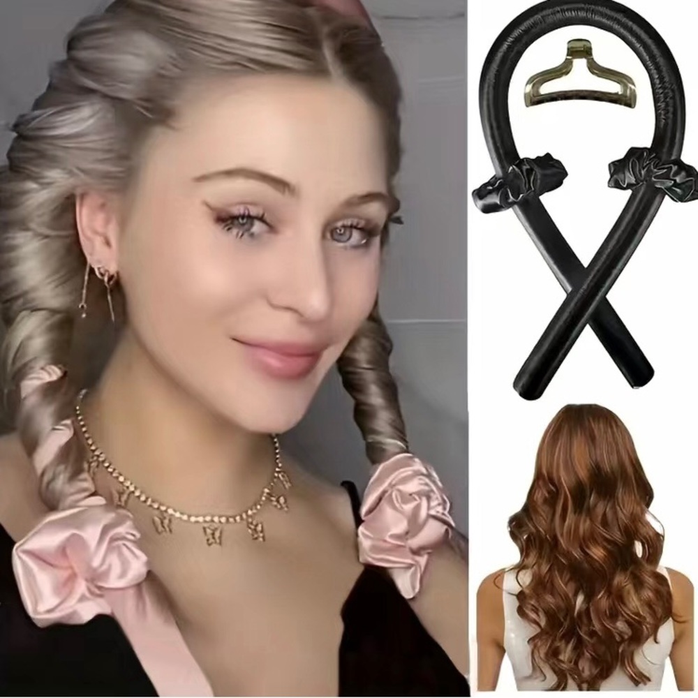 Heatless curling rod headband with clip and scrunchie